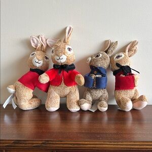 Set of Four Peter Rabbit Plush Toys in Red and Blue Outfits